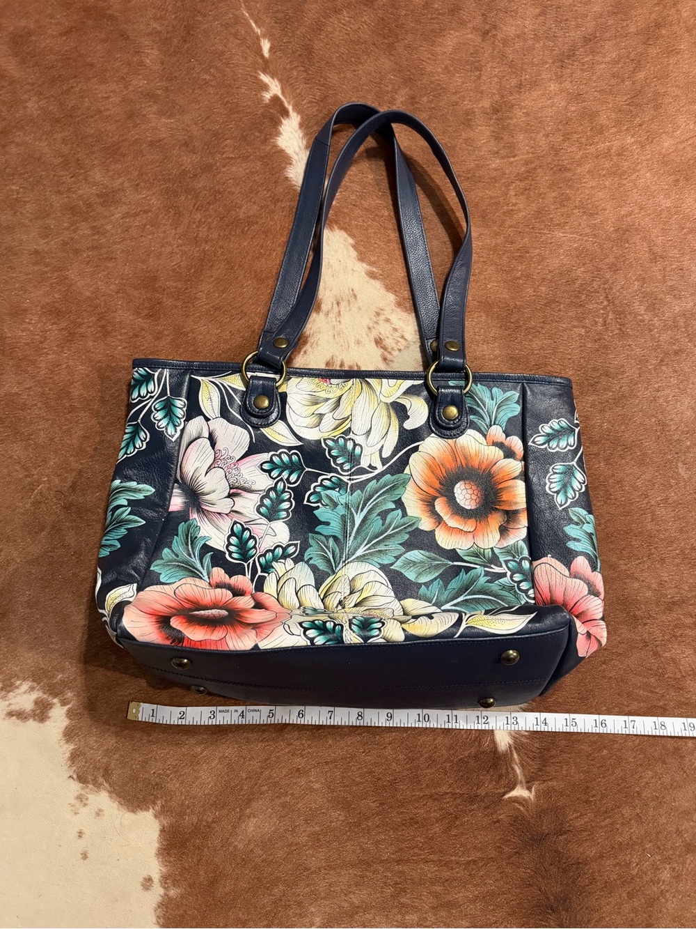 Anuschka Navy Floral Shoulder Tote with Multicolor Blooms